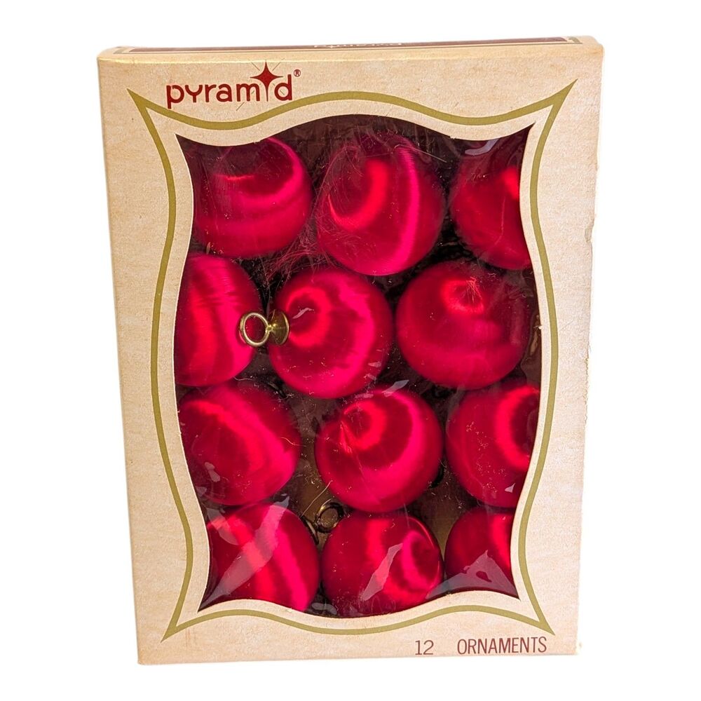 12 Vtg Pyramid Unbreakable Red Ball Christmas Ornaments Satin Sheen 2”